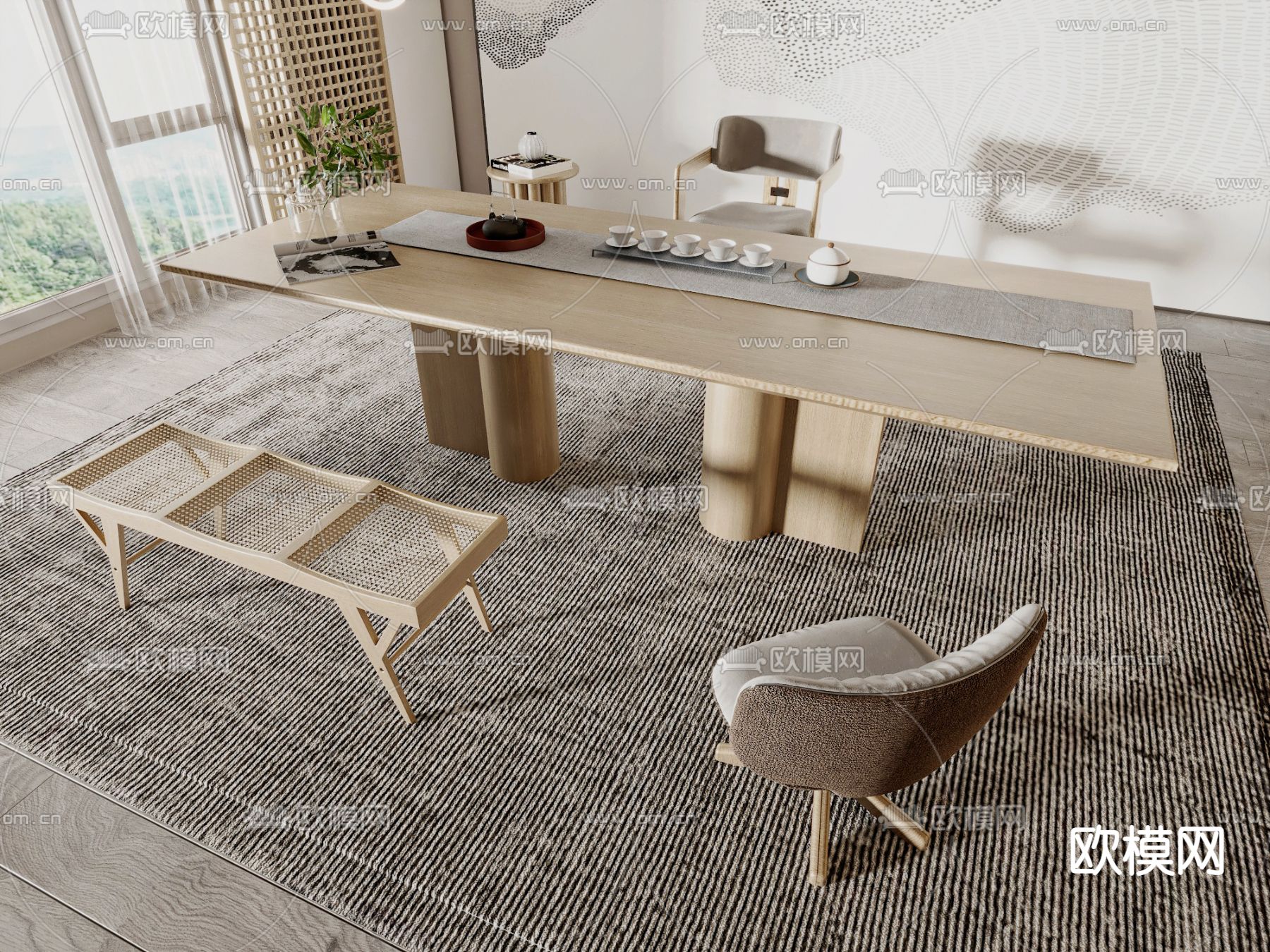 新中式茶桌3d模型下载