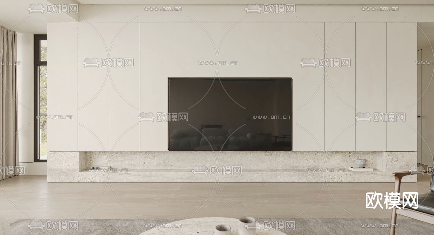 奶油风极简电视背景墙su模型