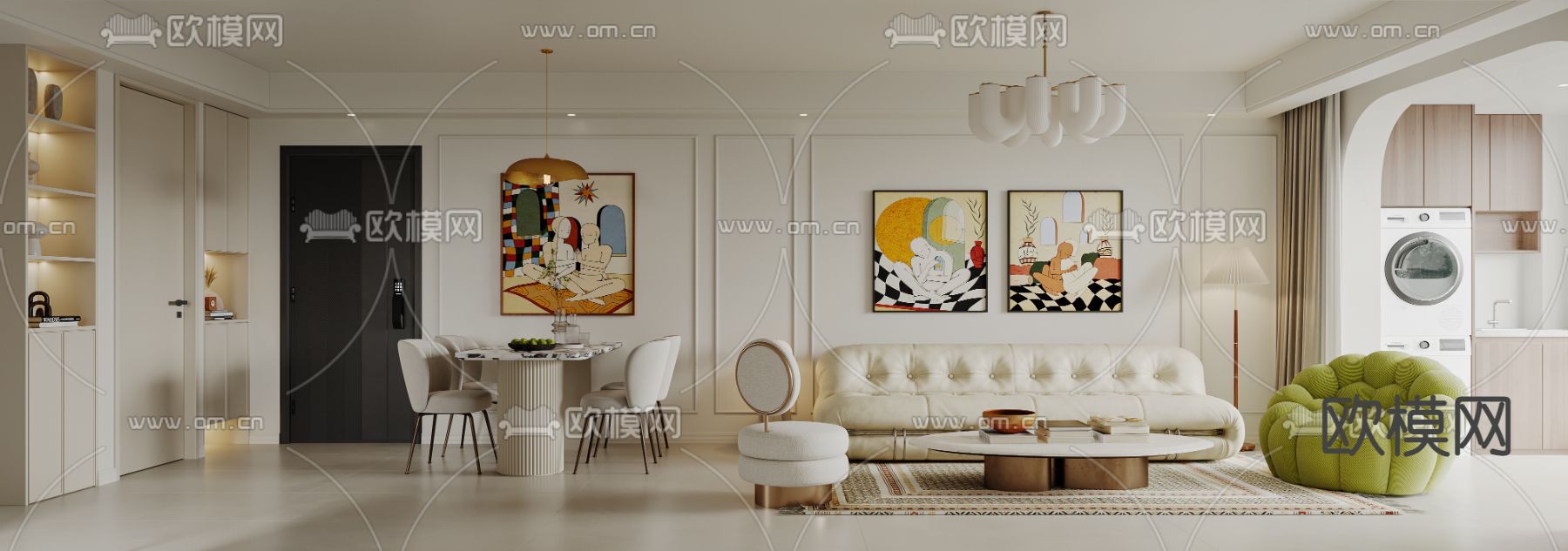 奶油风客餐厅3d模型下载（渲染图1）