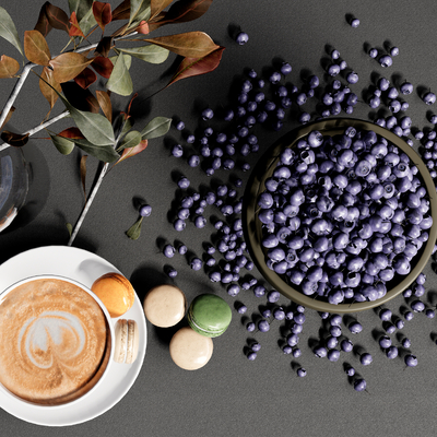  现代水果蓝莓 果盘 咖啡 花瓶摆件su模型 