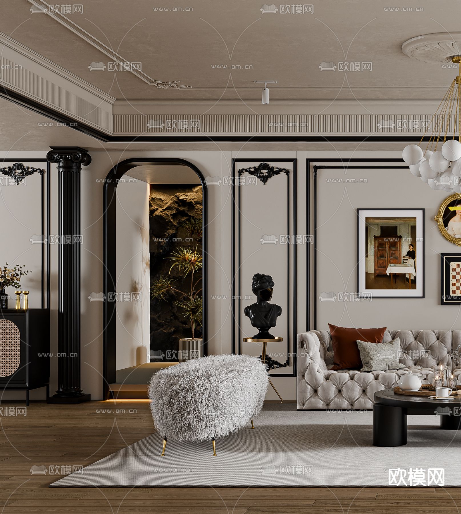 法式客厅3d模型下载（渲染图2）