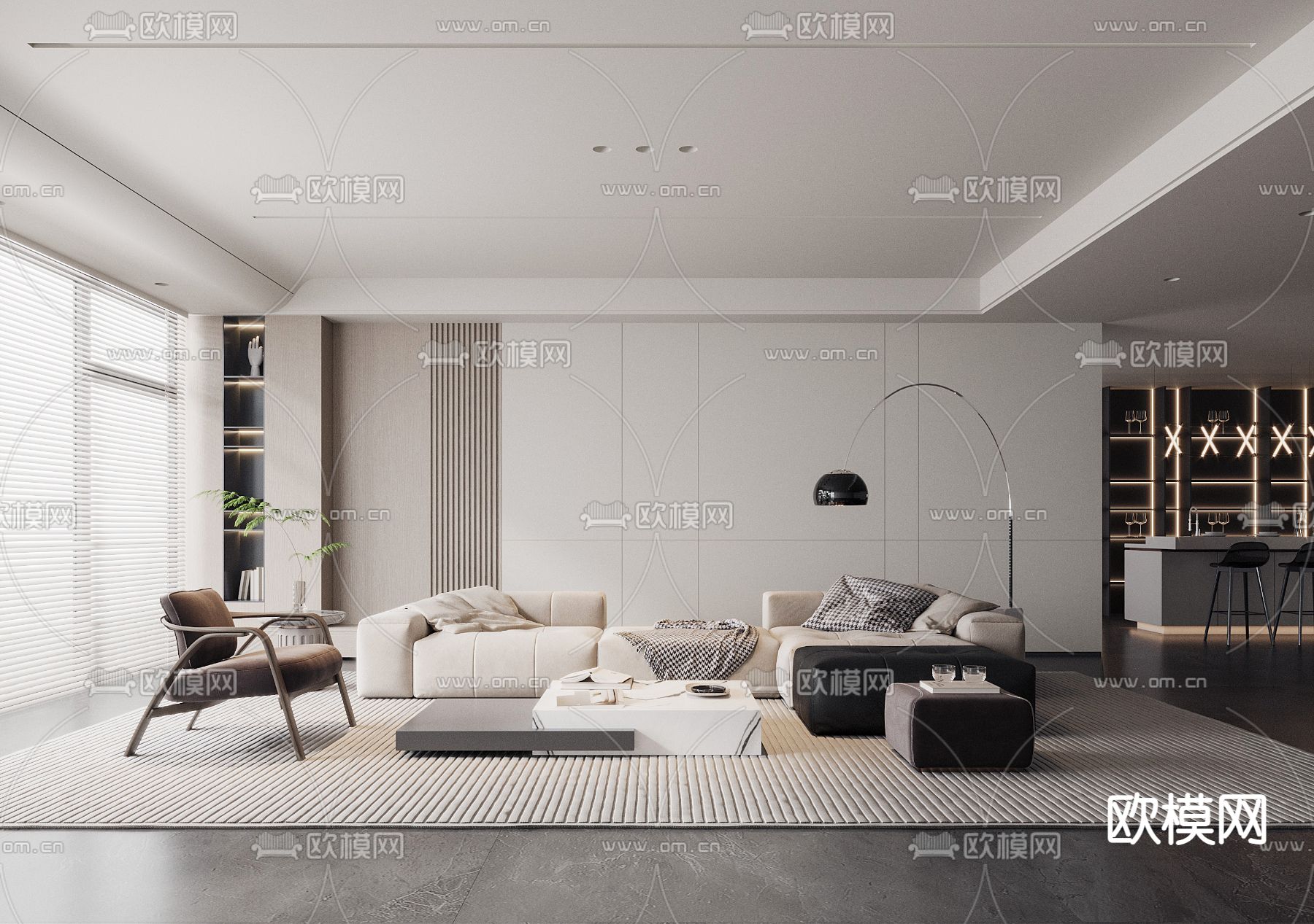 高级灰客厅3d模型下载