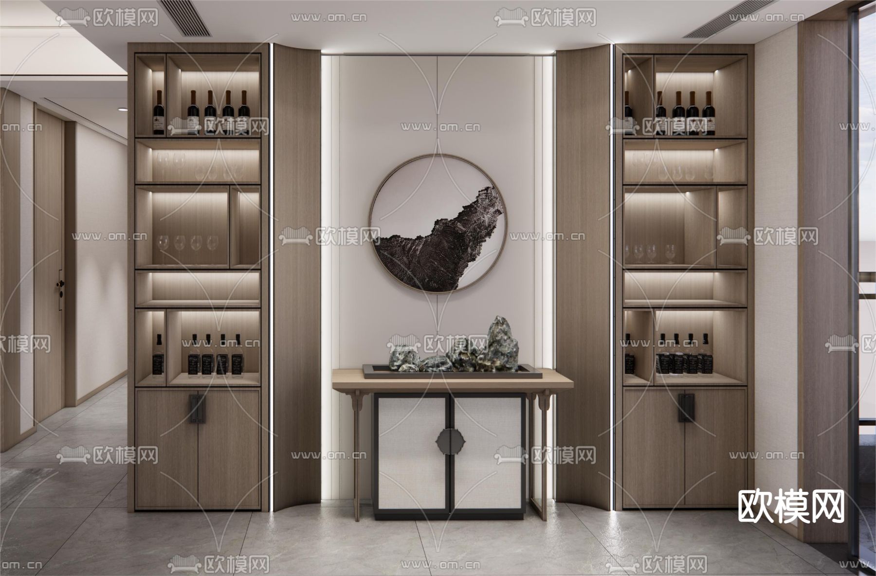 新中式玄关边柜 书柜su模型下载（渲染图1）