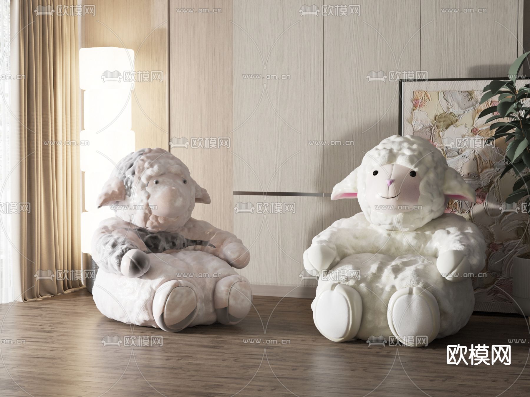 现代儿童椅su模型下载（渲染图1）