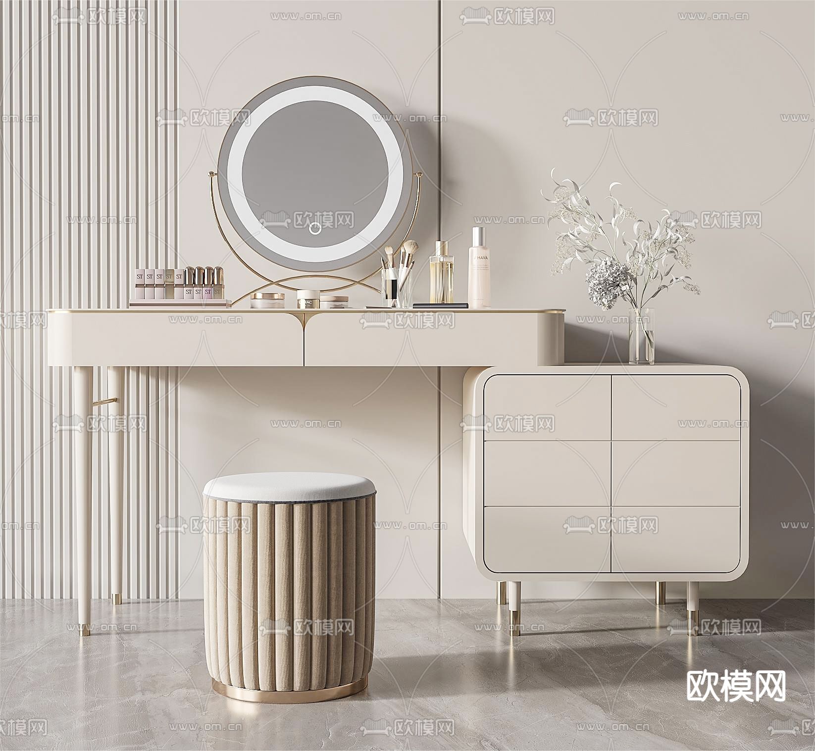 轻奢风梳妆台 梳妆凳3d模型下载