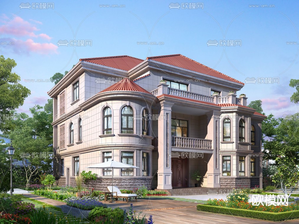欧式别墅外观3d模型下载_ID12316148_3dmax免费模型-欧模网