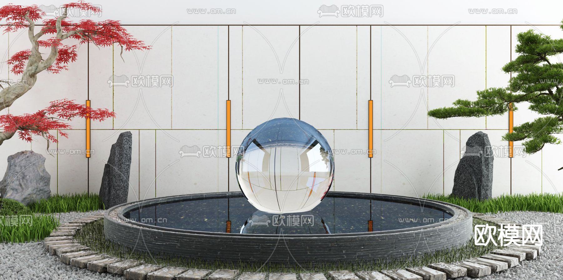 新中式庭院水景小品3d模型下载