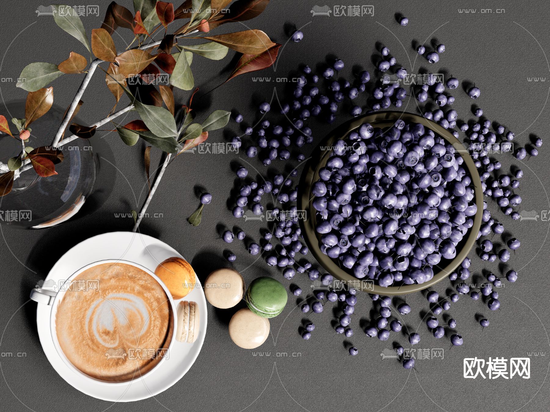 现代水果蓝莓 果盘 咖啡 花瓶摆件su模型下载（渲染图1）