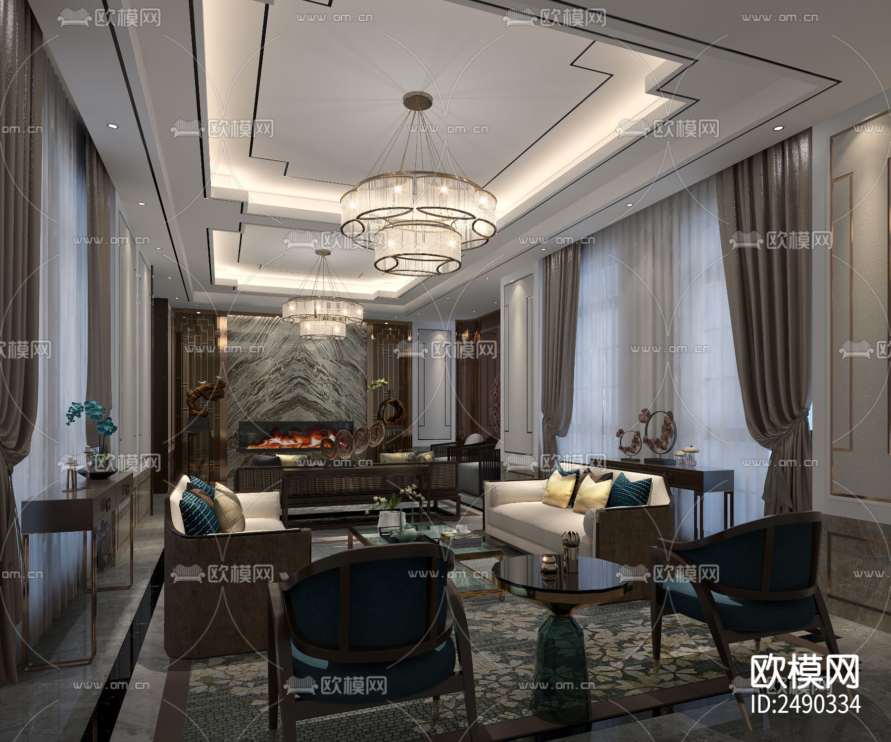 四套新中式新古典完整cad施工图下载（渲染图2）