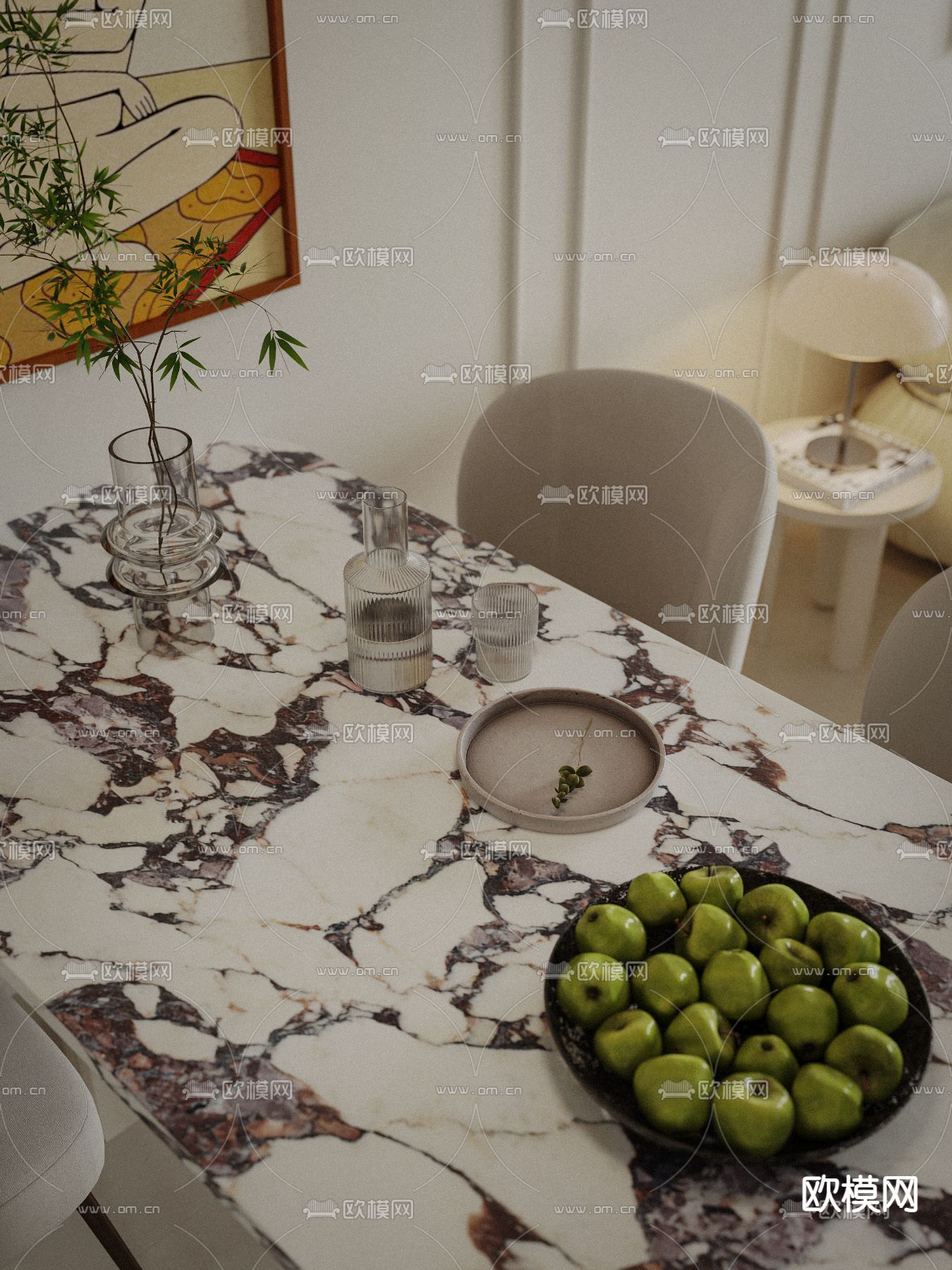 奶油风客餐厅3d模型下载（渲染图4）