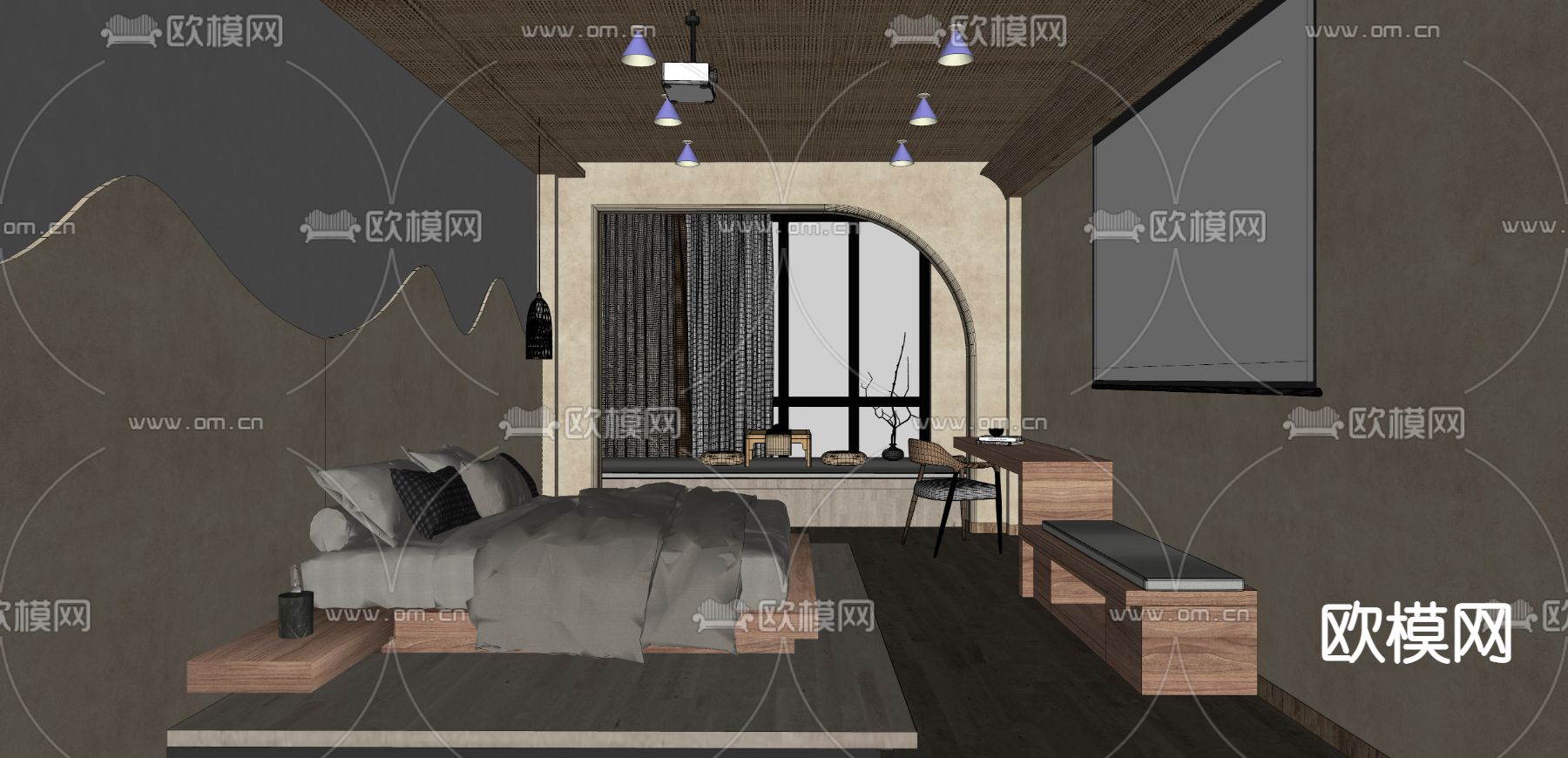 现代民宿客房su模型下载（渲染图2）