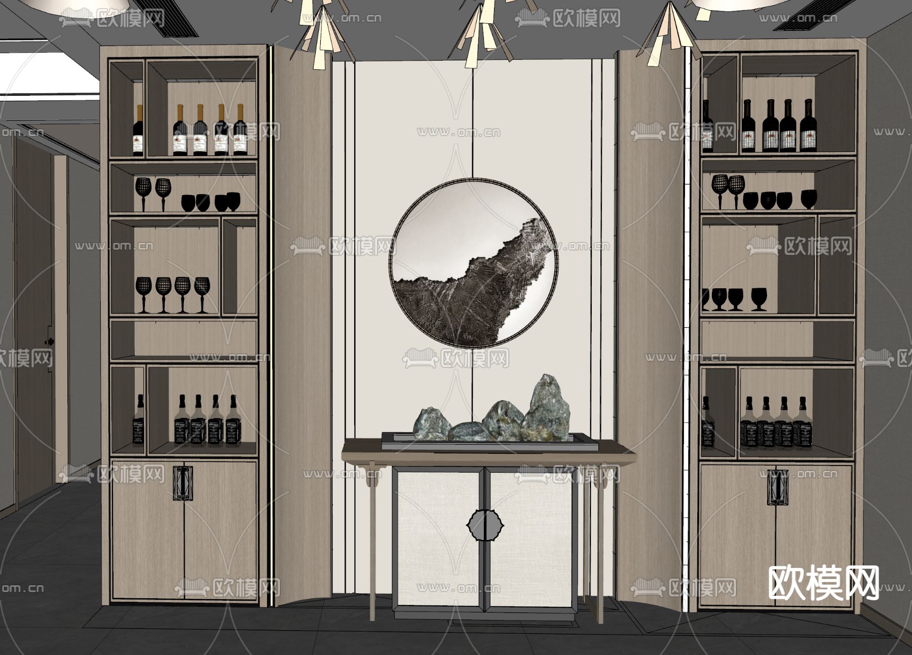 新中式玄关边柜 书柜su模型下载（渲染图2）