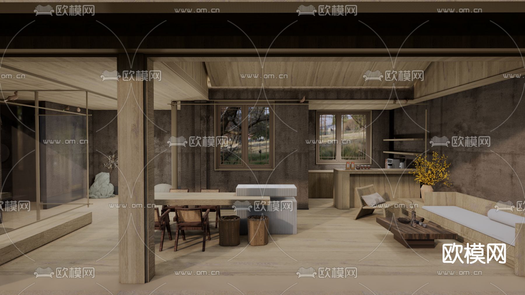 现代民宿会客厅su模型下载（渲染图1）