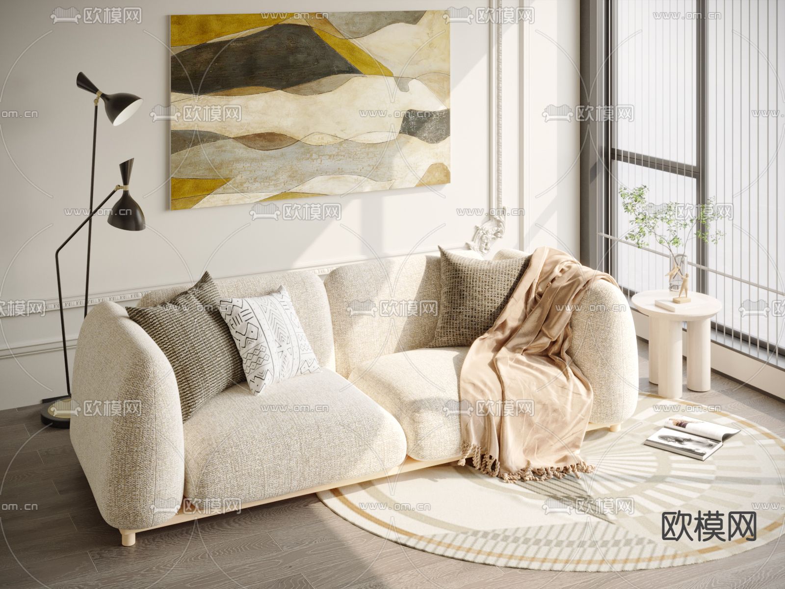 奶油风双人沙发3d模型下载