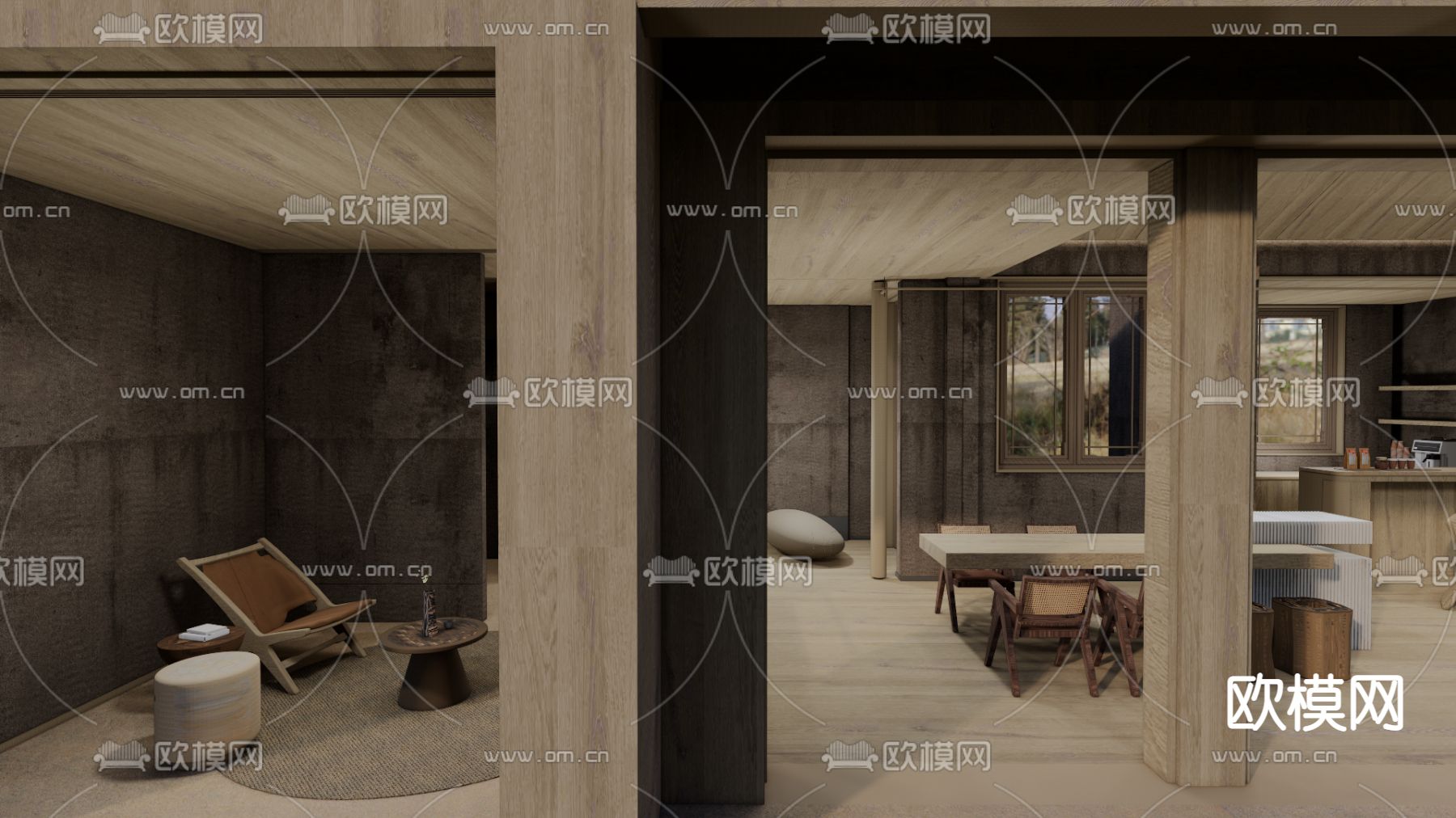 现代民宿会客厅su模型下载（渲染图2）