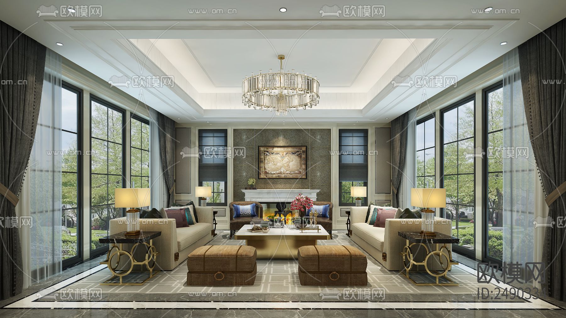 四套新中式新古典完整cad施工图下载（渲染图1）