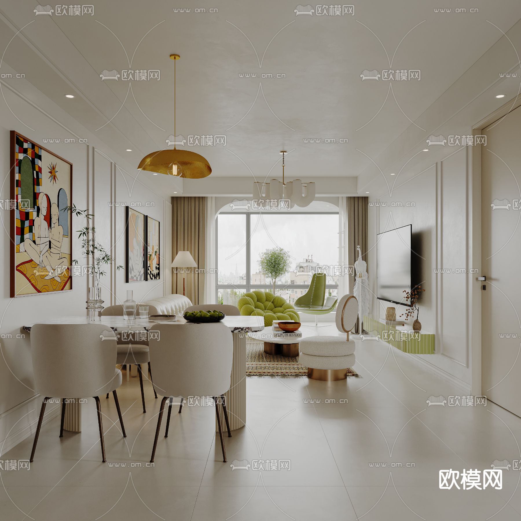 奶油风客餐厅3d模型下载（渲染图2）