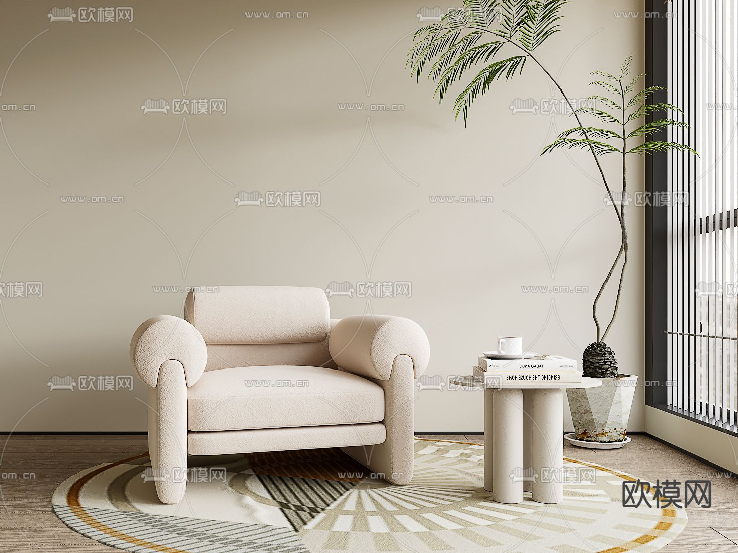 奶油风单人沙发3d模型下载