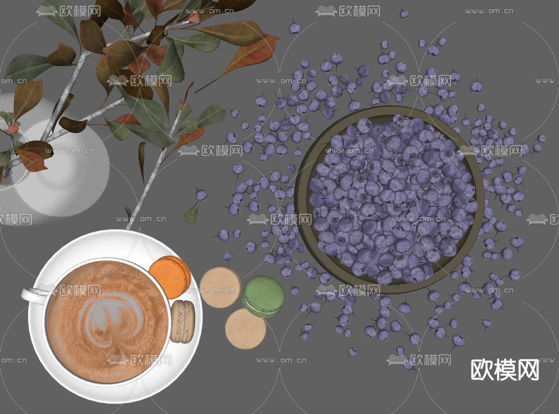现代水果蓝莓 果盘 咖啡 花瓶摆件su模型下载（渲染图2）