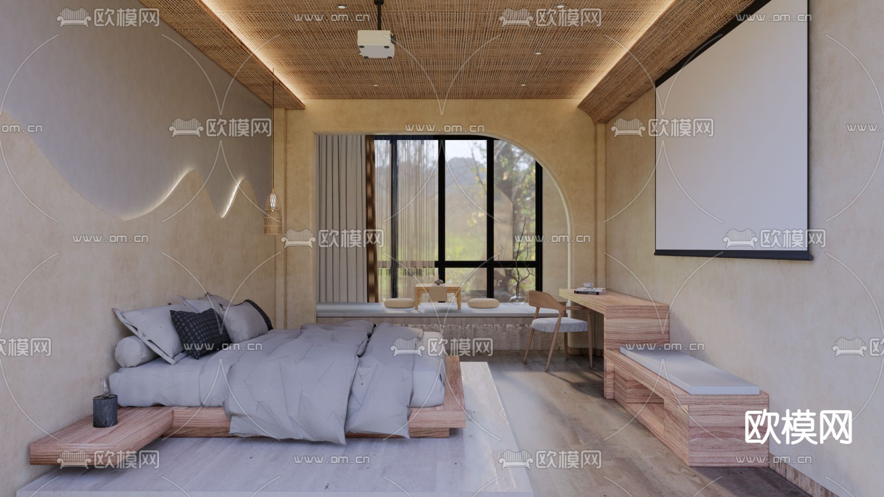 现代民宿客房su模型下载（渲染图1）