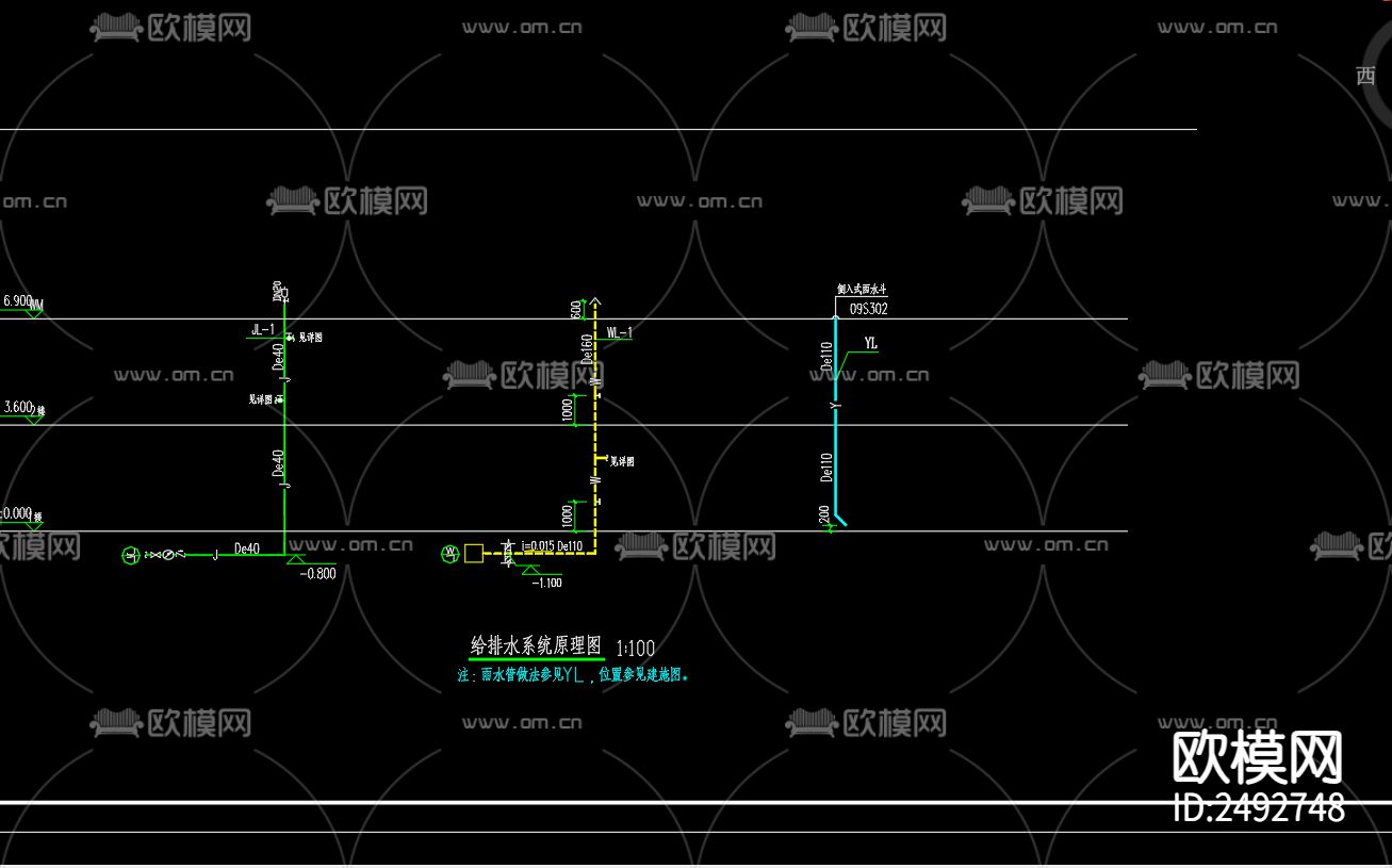 裴南村综合服务中心给排水及水灭火cad施工图下载（渲染图4）