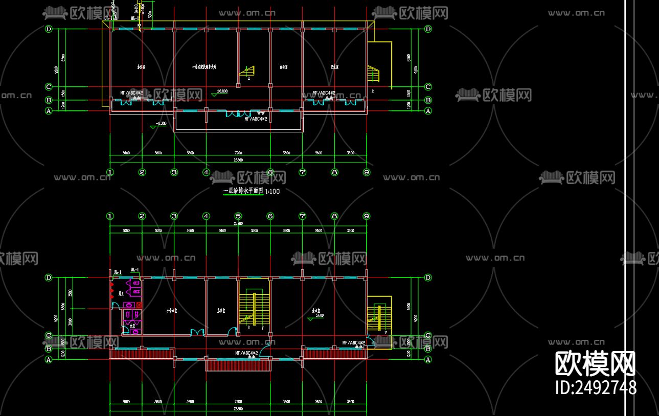 裴南村综合服务中心给排水及水灭火cad施工图下载（渲染图3）