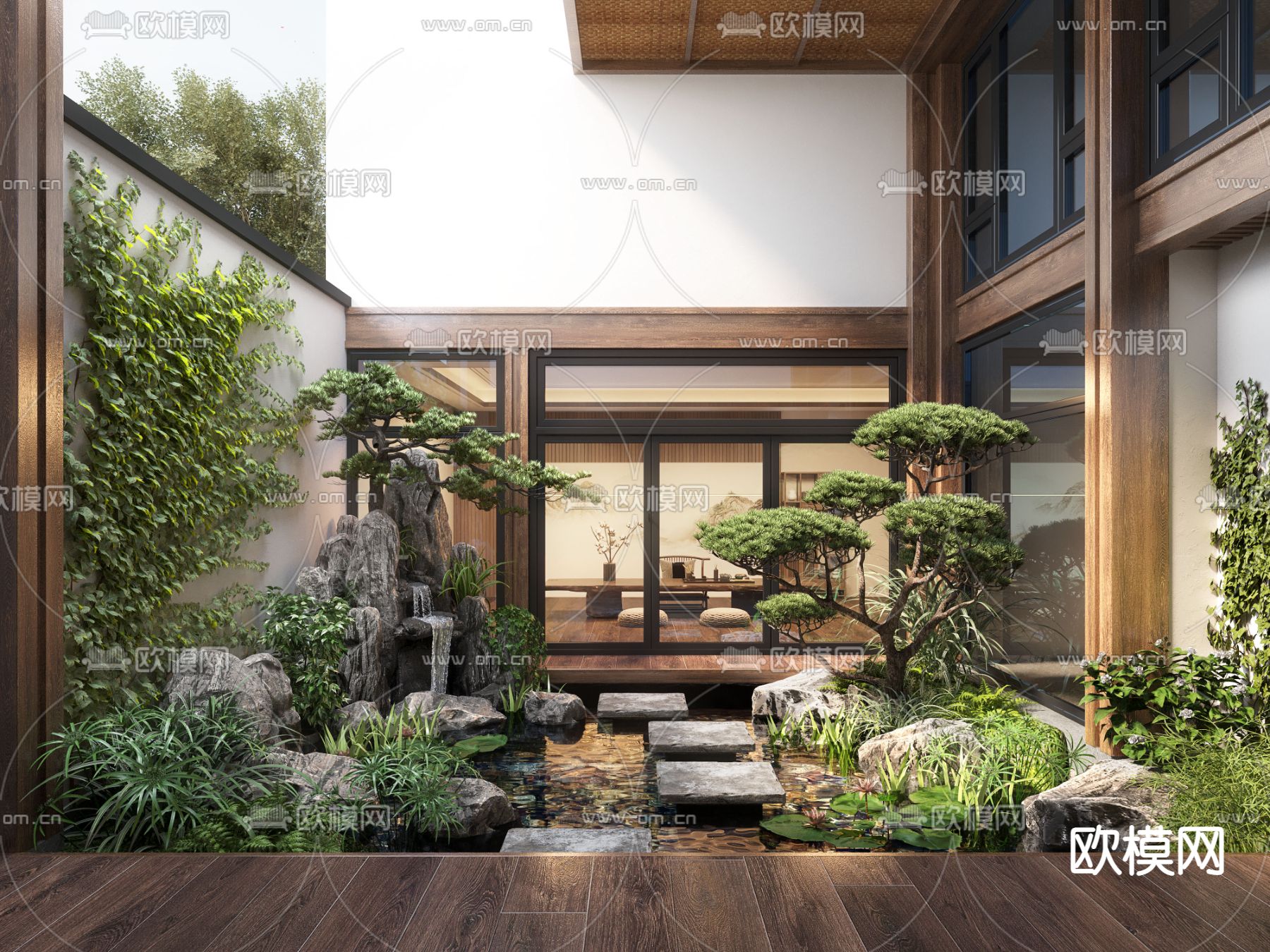 新中式庭院 山水花园3d模型下载_ID12316747_3dmax免费模型-欧模网
