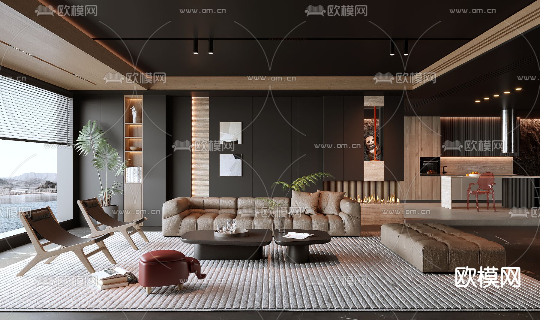 暗黑风客厅3d模型下载（渲染图1）