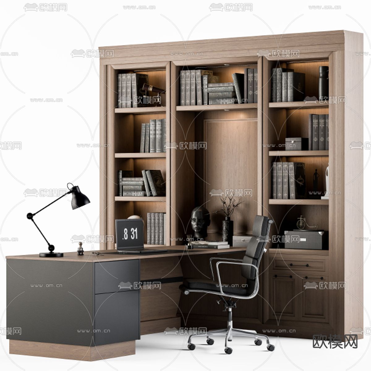 一体式书桌书柜3d模型下载