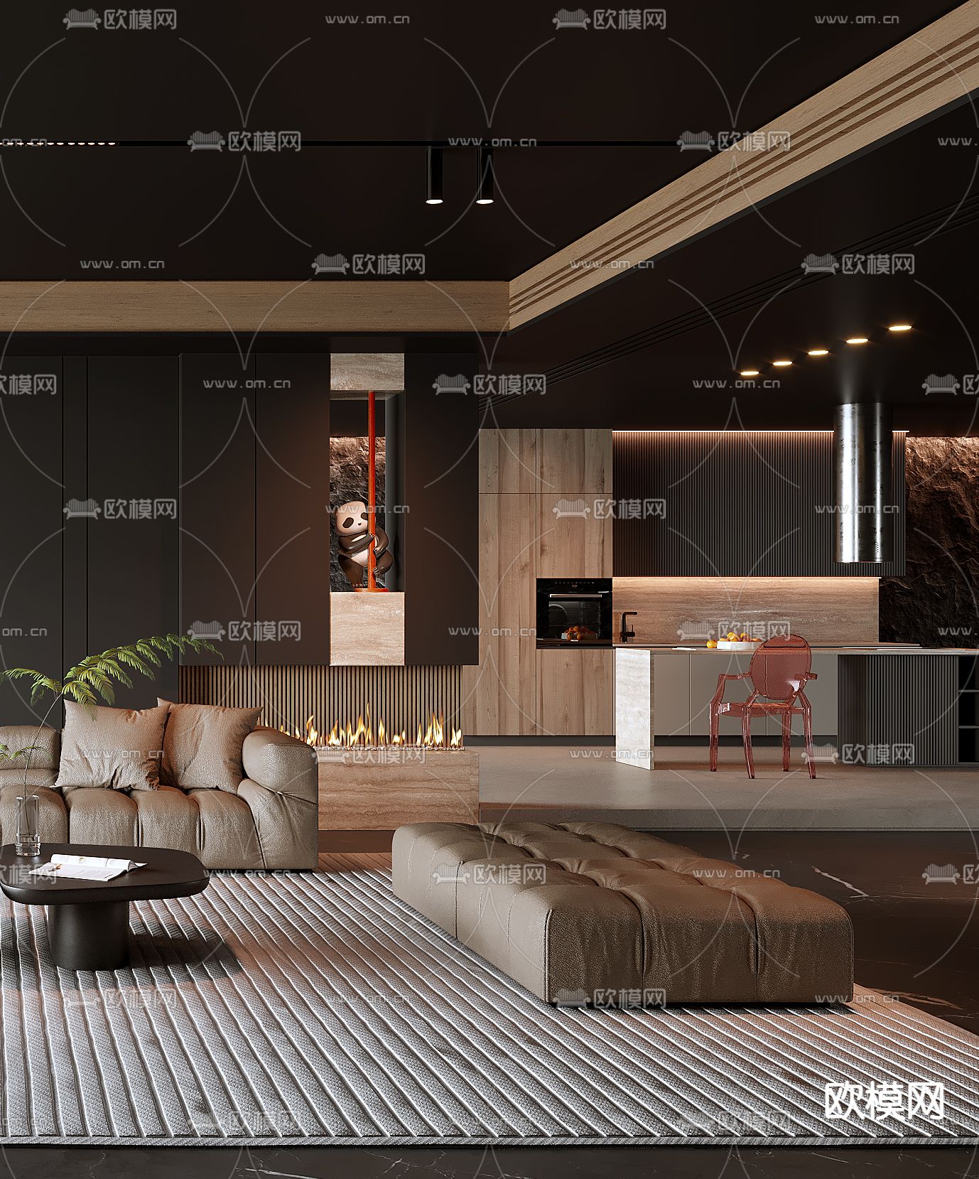 暗黑风客厅3d模型下载（渲染图2）