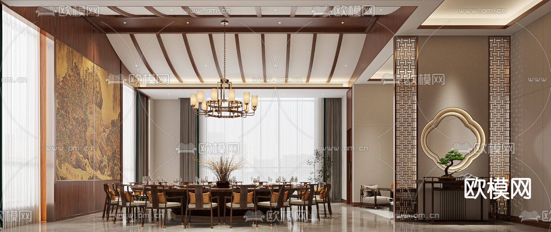 新中式餐厅包间 包房3d模型下载（渲染图1）