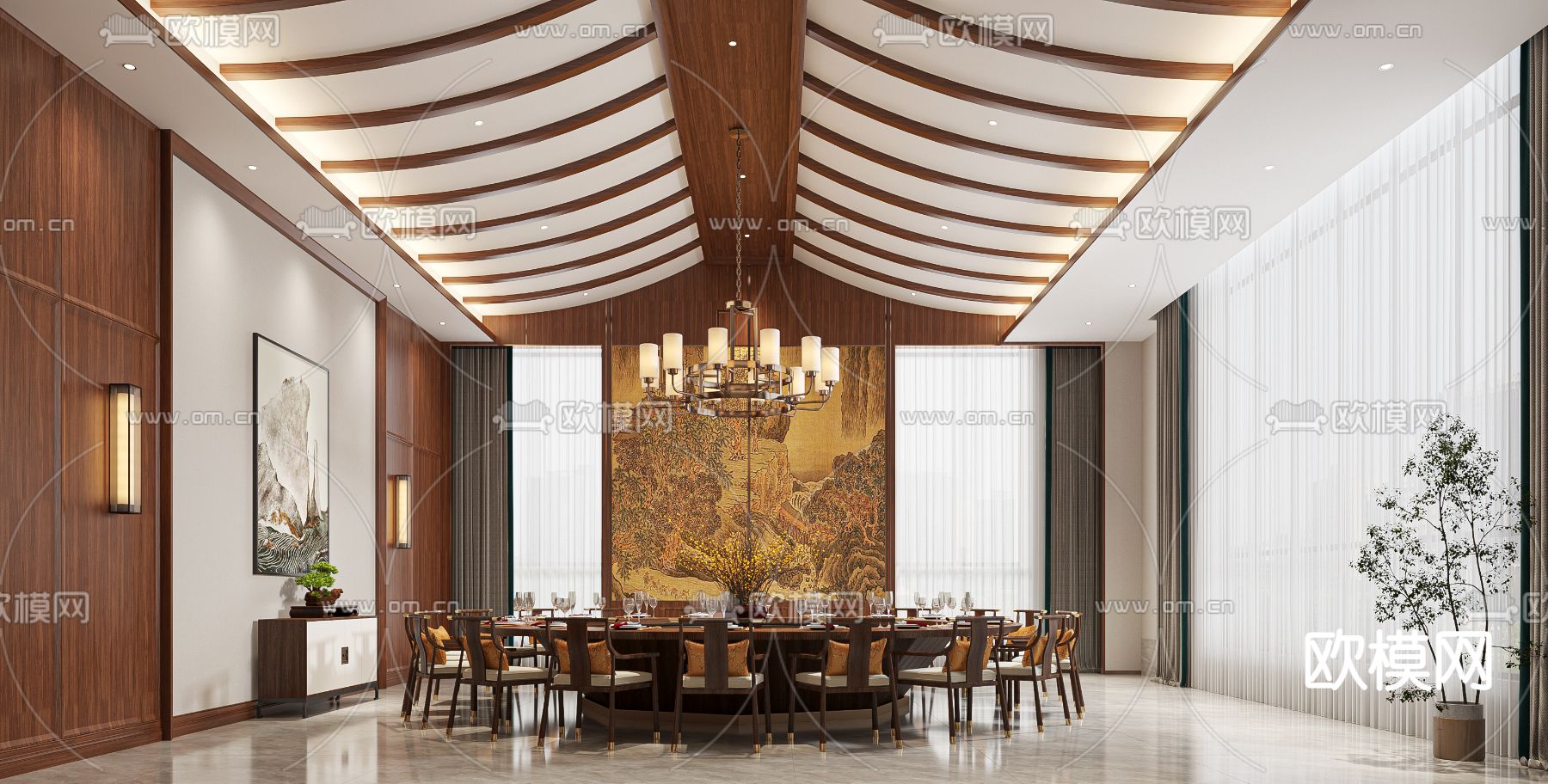 新中式餐厅包间 包房3d模型下载（渲染图2）