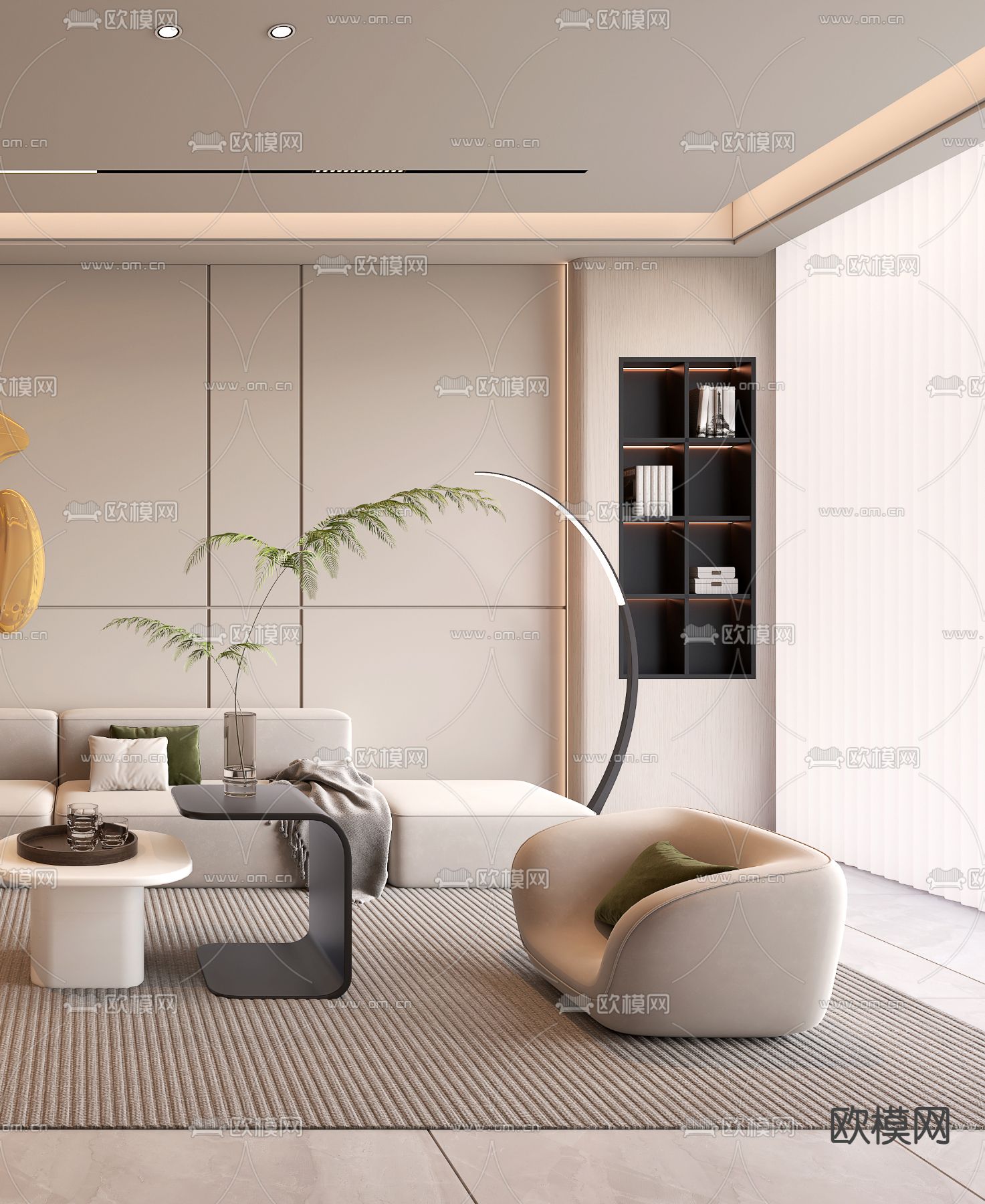 奶油风客厅3d模型下载（渲染图2）
