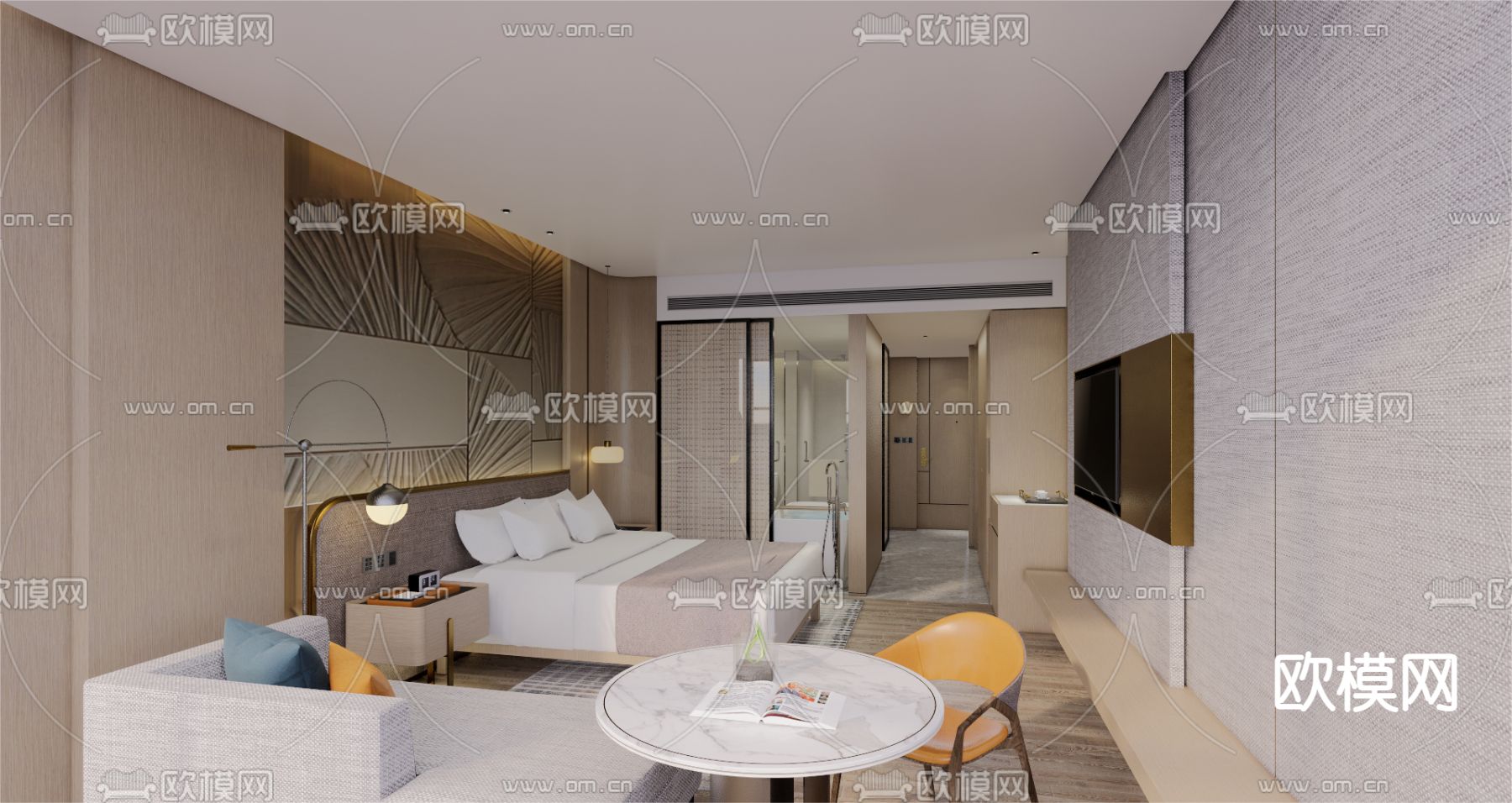 现代酒店客房su模型下载（渲染图1）