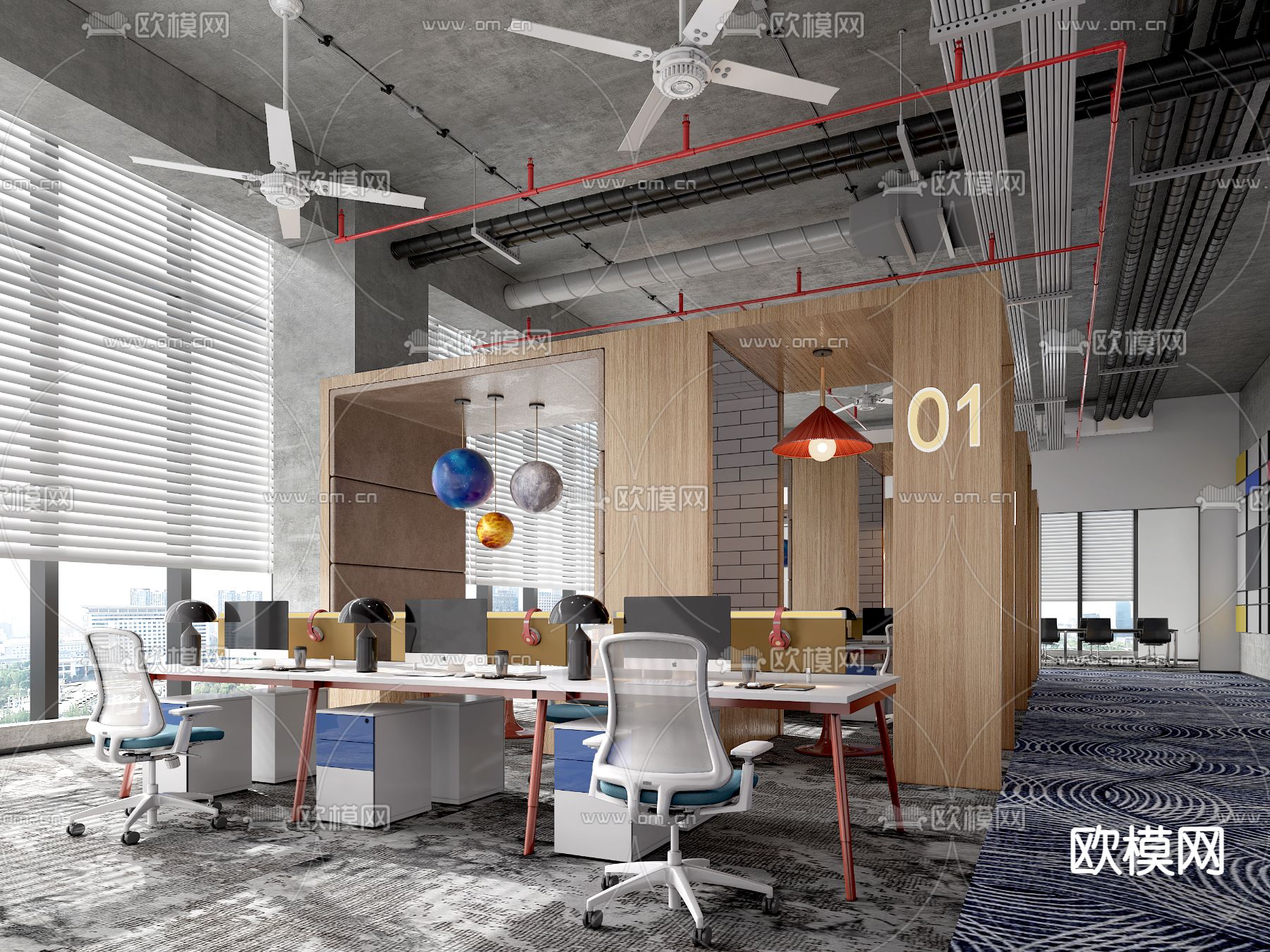 工业风办公室 公共办公区3d模型下载