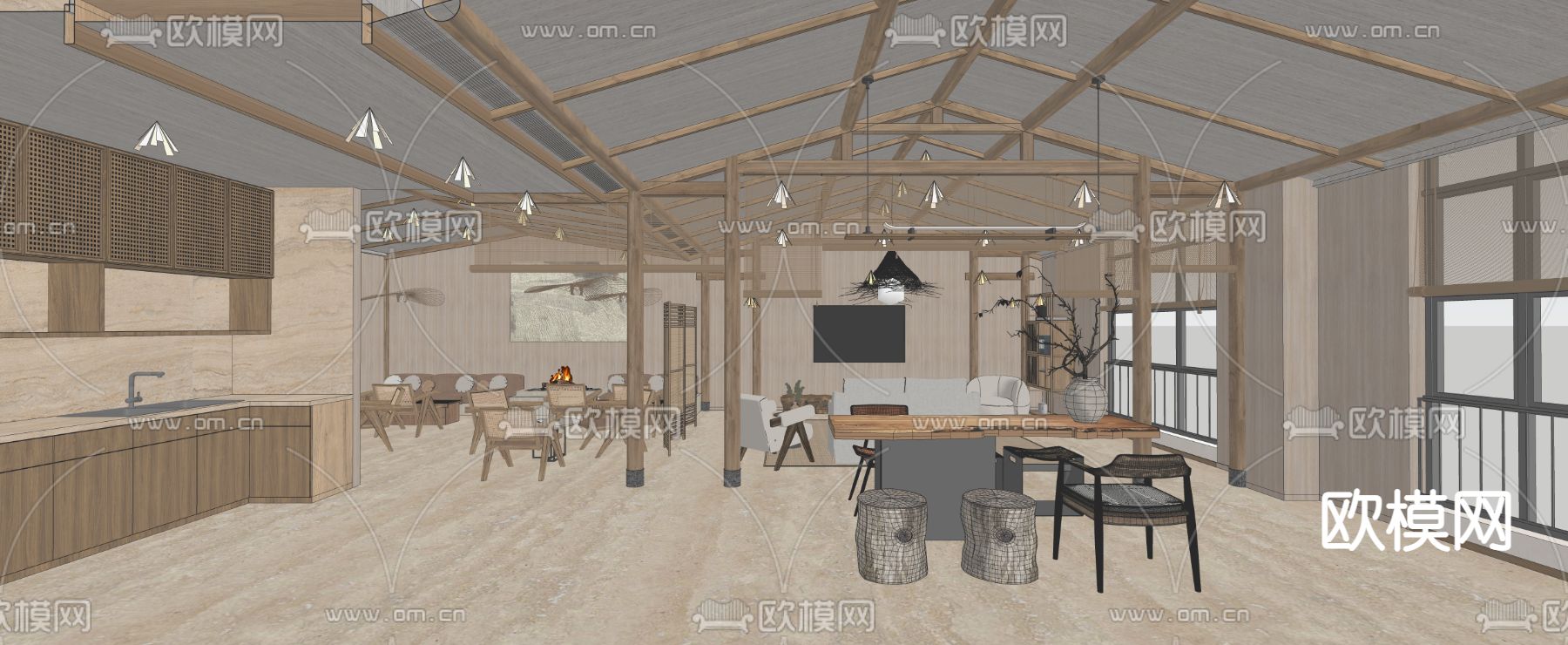 侘寂风民宿会客厅su模型下载（渲染图2）