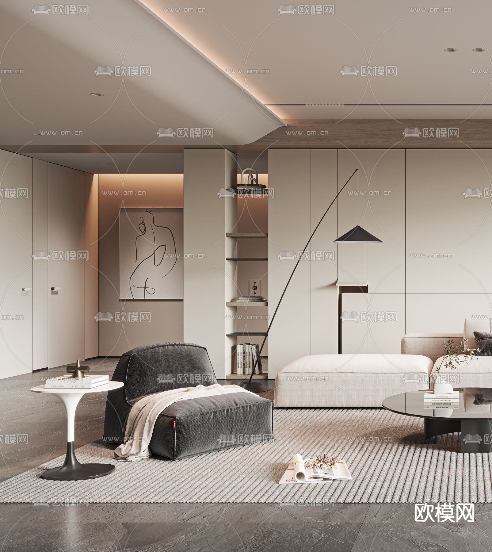 奶油风客厅3d模型下载（渲染图2）