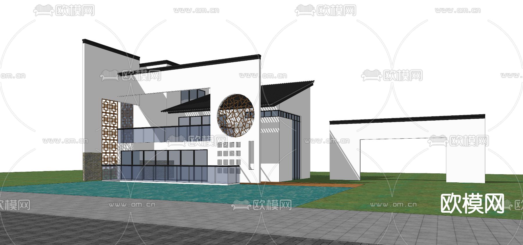 新中式徽派别墅外观su模型下载（渲染图2）