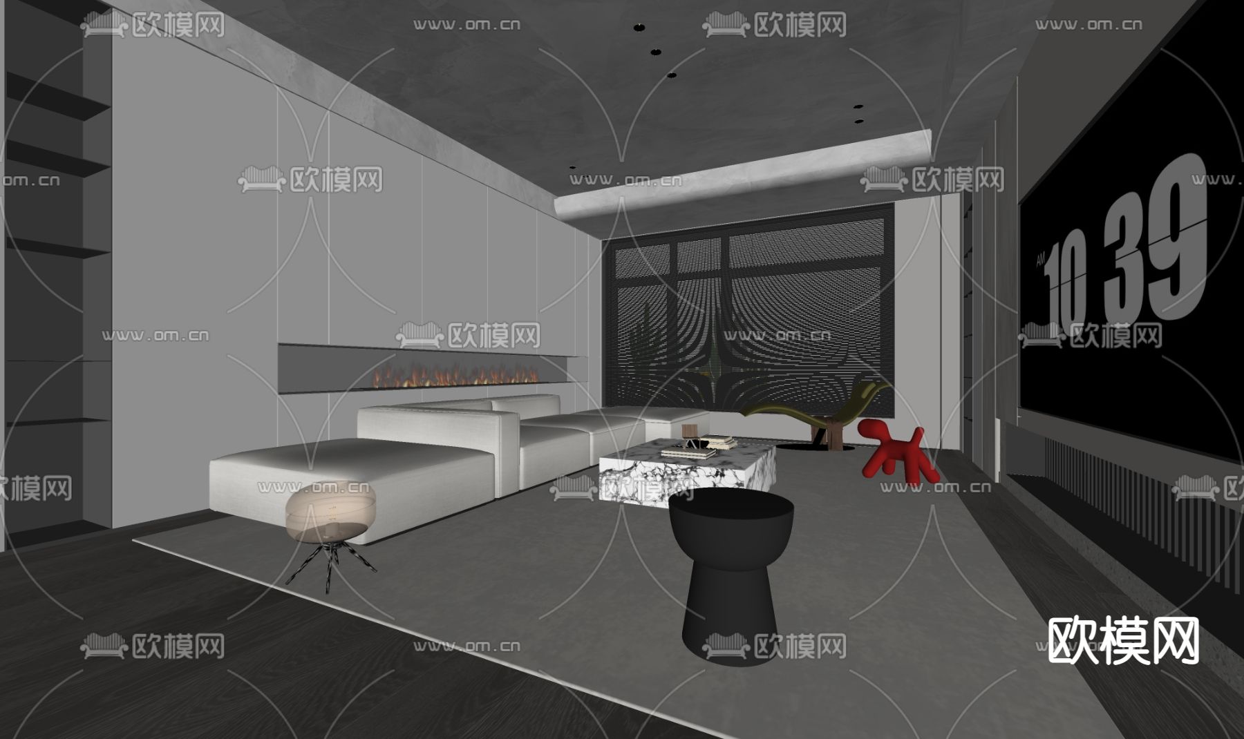 暗黑风客厅su模型下载（渲染图2）