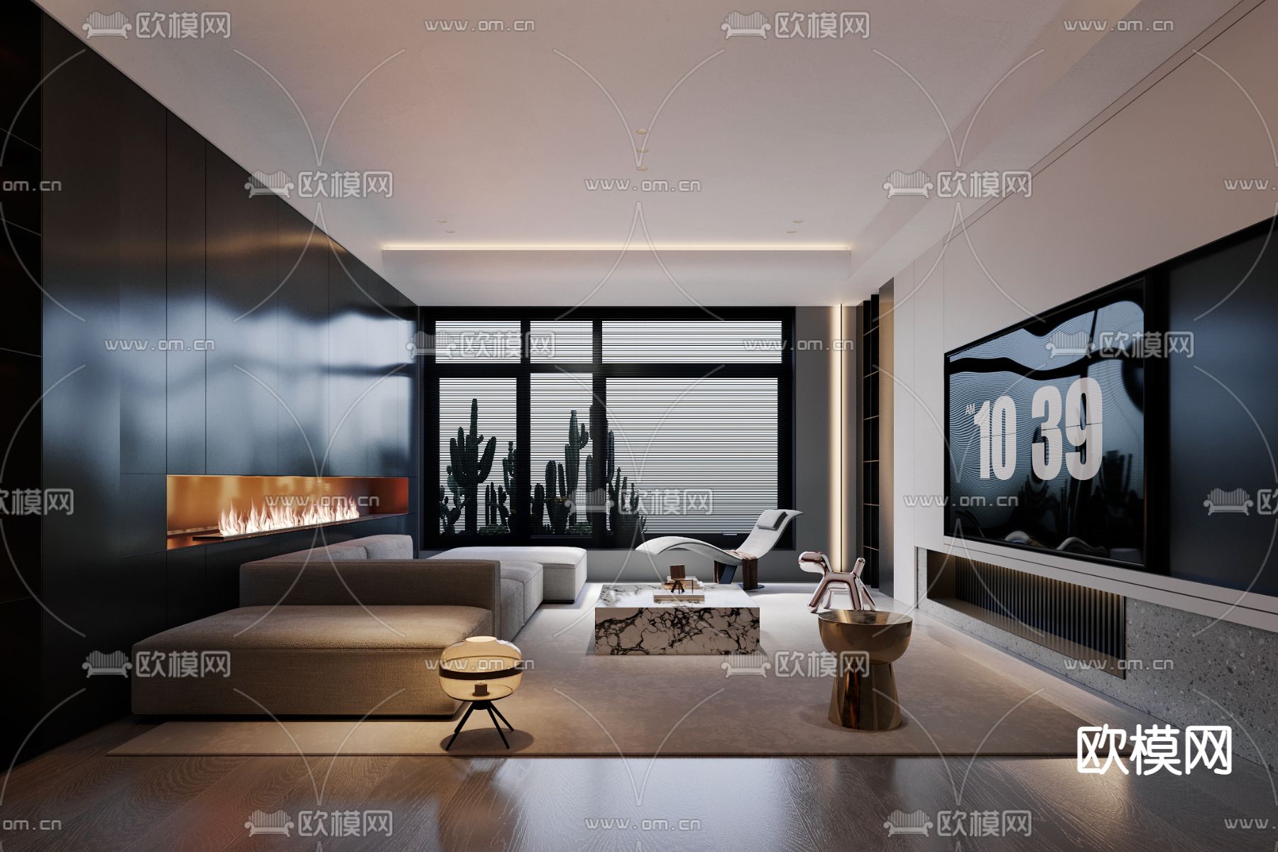 暗黑风客厅su模型下载（渲染图1）
