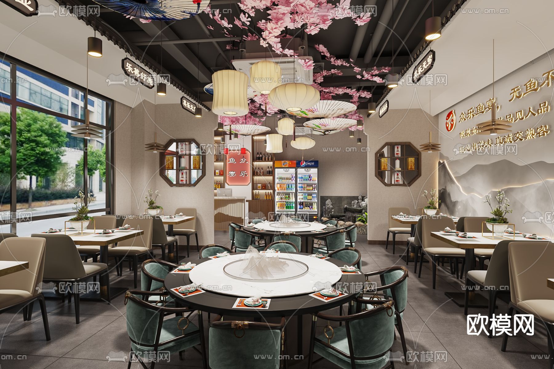 新中式鱼晏餐饮店3d模型下载（渲染图1）