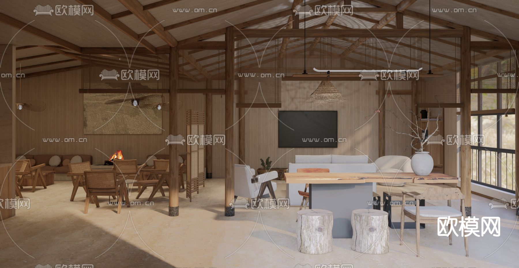 侘寂风民宿会客厅su模型下载（渲染图1）