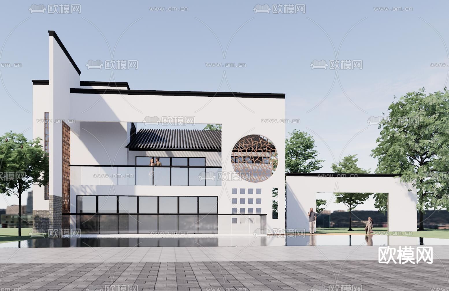 新中式徽派别墅外观su模型下载（渲染图3）