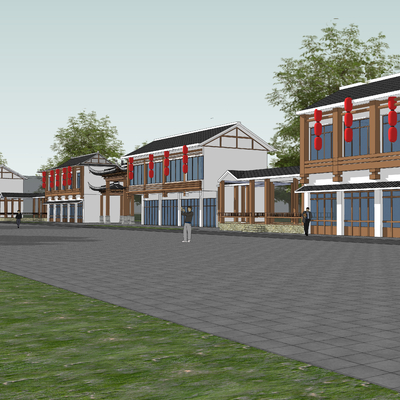  中式商业街 沿街商铺su模型 