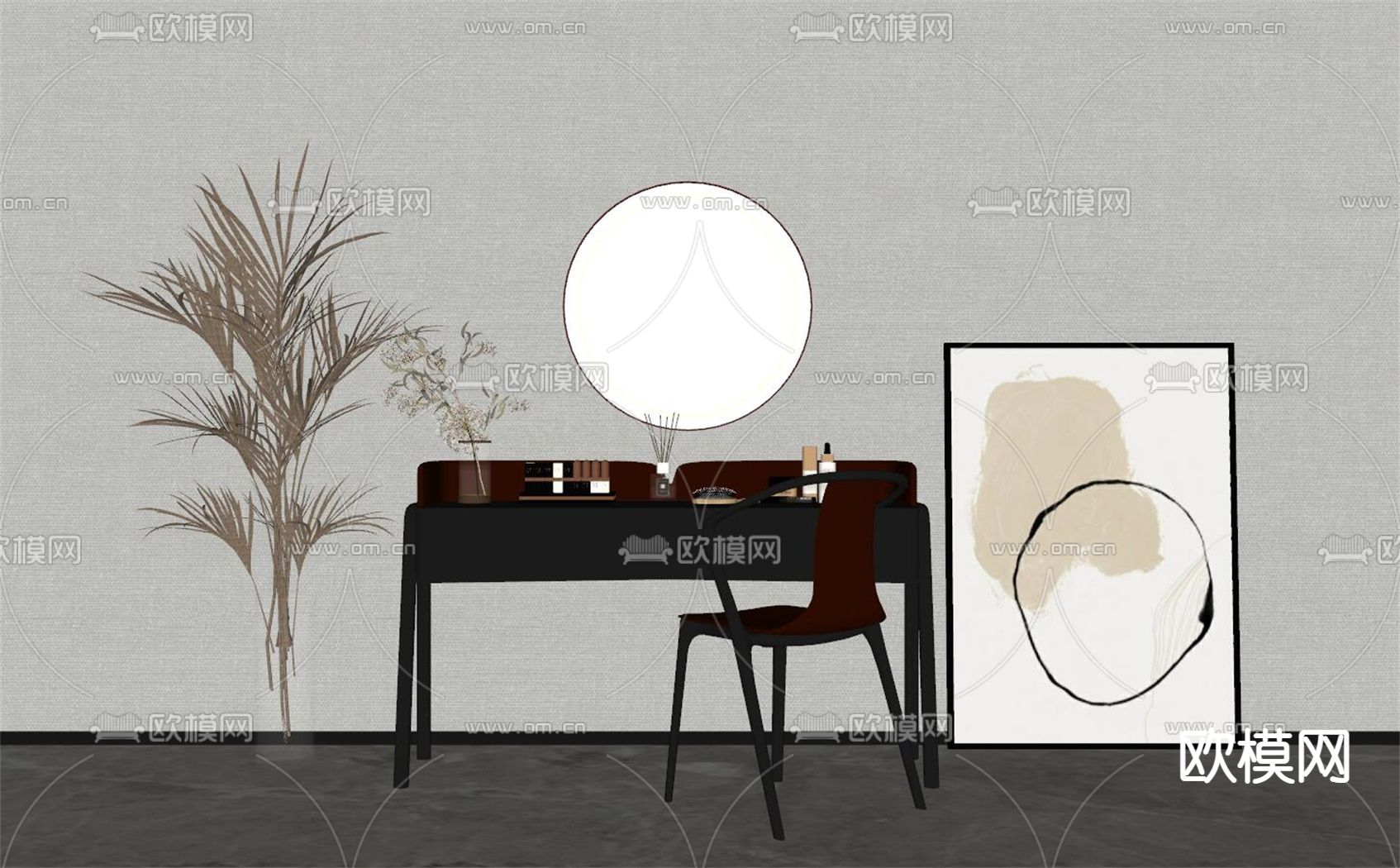 新中式梳妆台su模型下载（渲染图2）