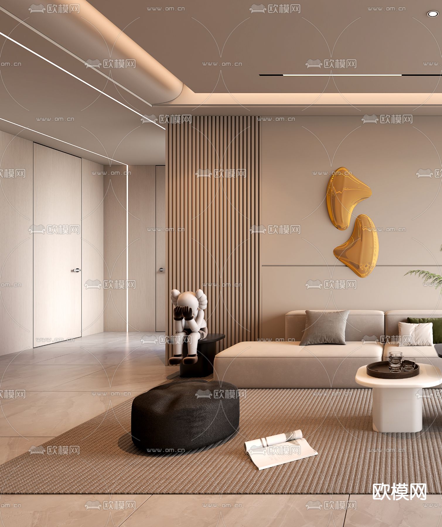 奶油风客厅3d模型下载（渲染图3）