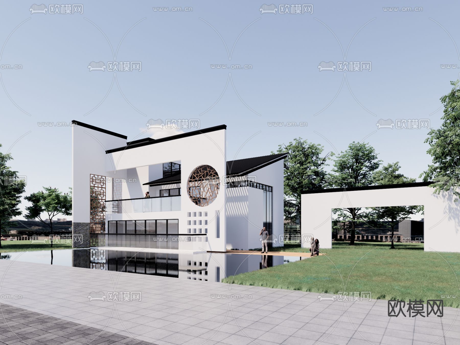 新中式徽派别墅外观su模型下载（渲染图1）