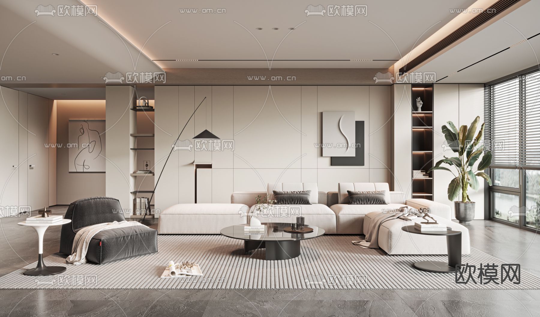 奶油风客厅3d模型下载（渲染图1）