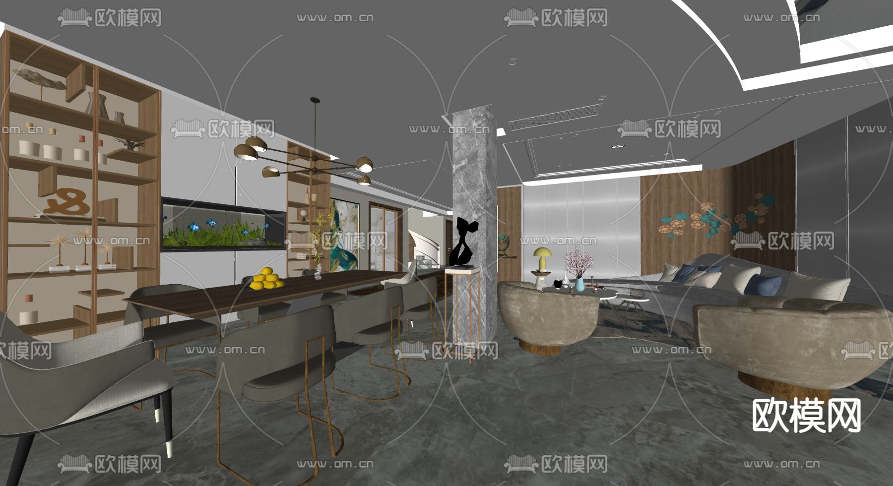 轻奢客餐厅su模型下载（渲染图2）