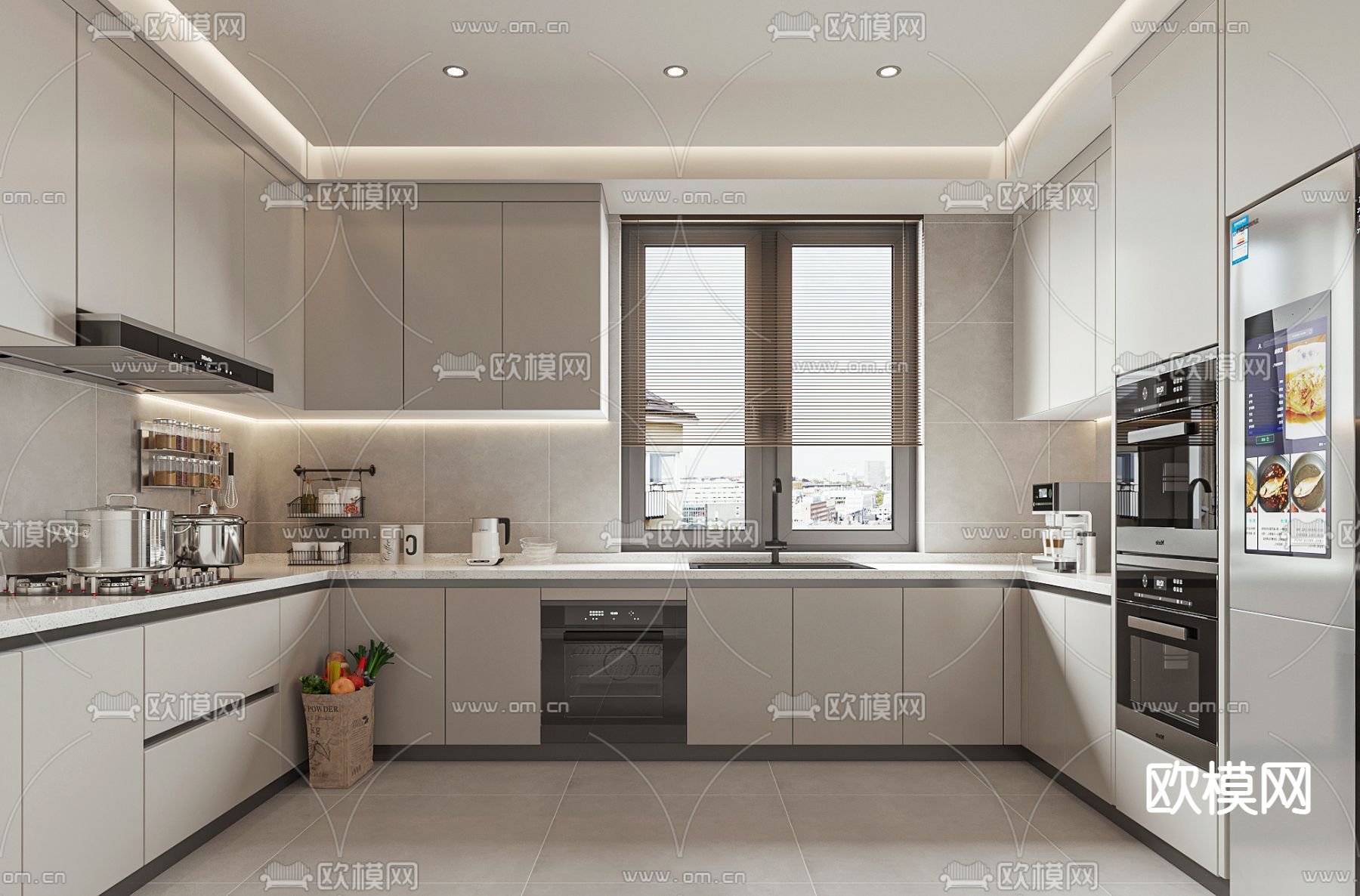 奶油风厨房su模型下载（渲染图1）